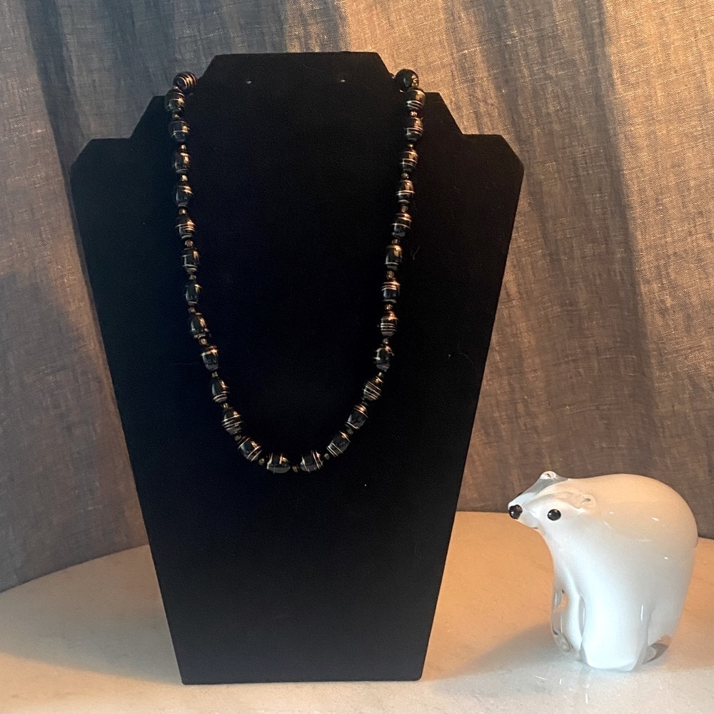 Vintage‎ Black Lucite Bead Necklace Gold Swirls